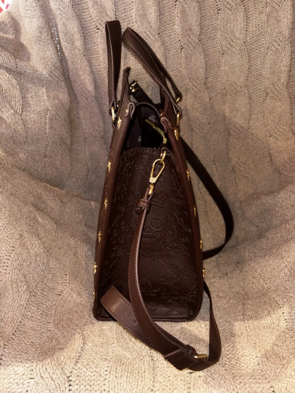 Betsey Johnson Brown Skull & Floral Embossed Tote Bag - Gold Skull Studs - Picture 8 of 11